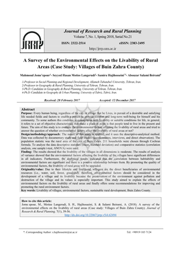 A Survey of the Environmental Effects on the Livability of Rural Areas (Case Study: Villages of Buin Zahra County)