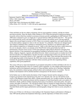 Depauw University Department of Political Science POLS 253: China and India at the Beginning of the 21St Century Instructor: Sunil K