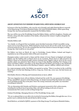 Ascot Announce Pat Eddery Stakes Will Open King George Day