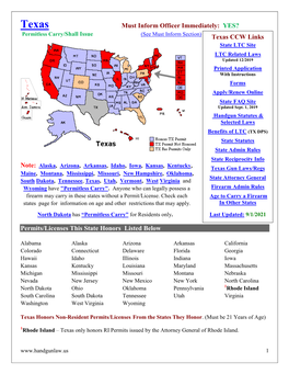 Texas Must Inform Officer Immediately: YES? Permitless Carry/Shall Issue (See Must Inform Section) Texas CCW Links
