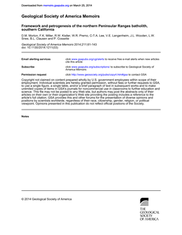 Framework and Petrogenesis of the Northern Peninsular Ranges Batholith, Southern California