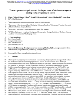 Transcriptome Analysis Reveals the Importance of the Immune System During Early Pregnancy in Sheep