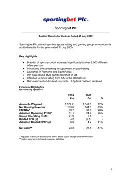 Sportingbet Plc ______