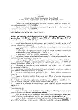 Informacja Opisowa O Stanie Mienia Komunalnego Gminy Brańsk Za Okres Od Dnia 01 Stycznia 2013 Roku Do Dnia 31 Grudnia 2013 Roku