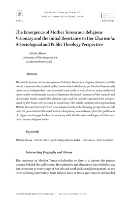 The Emergence of Mother Teresa As a Religious Visionary and the Initial Resistance to Her Charism/A: a Sociological and Public Theology Perspective