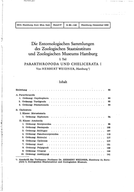 Die Entomologischen Sammlungen Des Zoologischen Staatsinstituts Und Zoologischen Museums Hamburg I