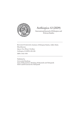 Aethiopica 12 (2009) International Journal of Ethiopian and Eritrean Studies