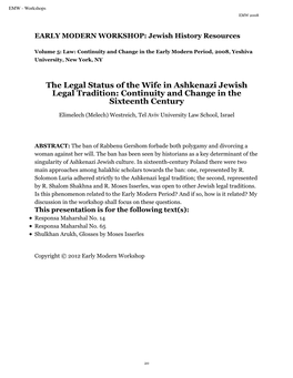 The Legal Status of the Wife in Ashkenazi Jewish Legal Tradition: Continuity and Change in the Sixteenth Century