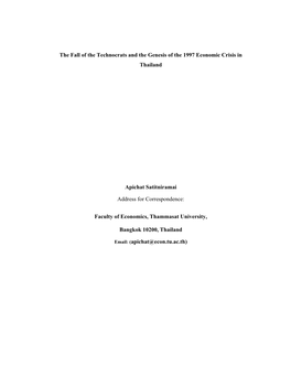 The Fall of the Technocrats and the Genesis of the 1997 Economic Crisis in Thailand