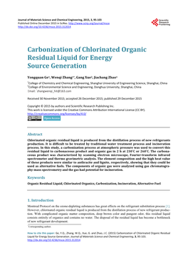 Carbonization of Chlorinated Organic Residual Liquid for Energy Source Generation