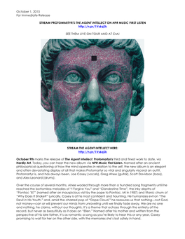 October 2, 2015 STREAM PROTOMARTYR's the AGENT INTELLECT on NPR MUSIC FIRST LISTEN