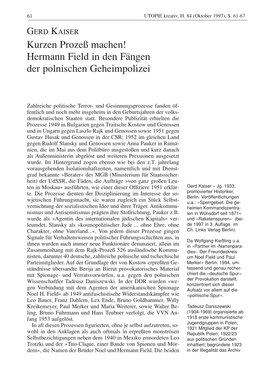 Kurzen Prozeß Machen! Hermann Field in Den Fängen Der Polnischen Geheimpolizei