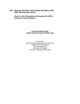 2001 Studying West River: North Dakota Field Letters, 2000. CEEL Working Paper 024-01