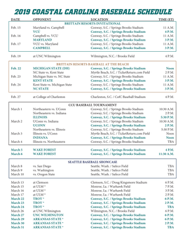 2019 COASTAL CAROLINA BASEBALL SCHEDULE DATE OPPONENT LOCATION TIME (ET) BRITTAIN RESORTS INVITATIONAL Feb