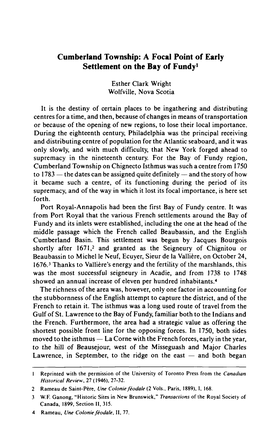 Cumberland Township: a Focal Point of Early Settlement on the Bay of Fundy1