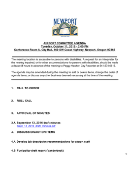 AIRPORT COMMITTEE AGENDA Tuesday, October 11, 2016 - 2:00 PM Conference Room A, City Hall, 169 SW Coast Highway, Newport, Oregon 97365