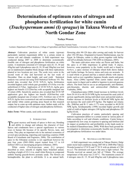Determination of Optimum Rates of Nitrogen and Phosphorus Fertilization for White Cumin (Trachyspermum Ammi (I) Sprague) in Takusa Woreda of North Gondar Zone