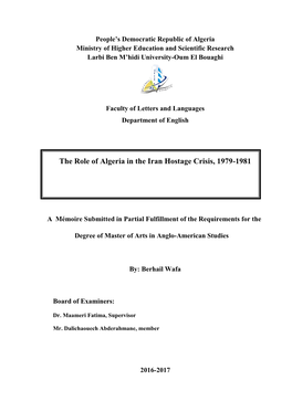 The Role of Algeria in the Iran Hostage Crisis, 1979-1981