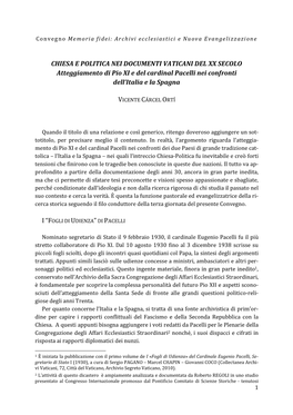 CHIESA E POLITICA NEI DOCUMENTI VATICANI DEL XX SECOLO Atteggiamento Di Pio XI E Del Cardinal Pacelli Nei Confronti Dell’Italia E La Spagna