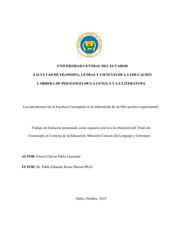 Universidad Central Del Ecuador Facultad De Filosofía, Letras Y Ciencias De La Educación Carrera De Pedagogía De La Lengua Y
