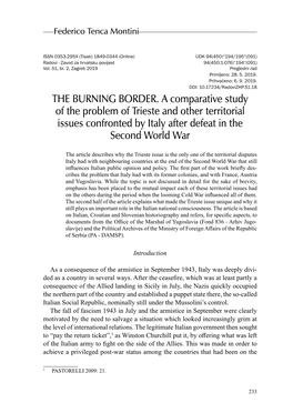 THE BURNING BORDER. a Comparative Study of the Problem of Trieste and Other Territorial Issues Confronted by Italy After Defeat in the Second World War