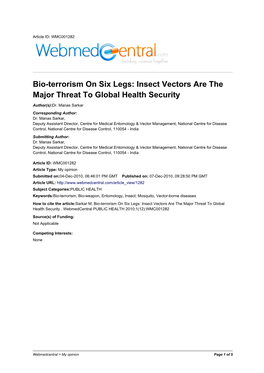 Bio-Terrorism on Six Legs: Insect Vectors Are the Major Threat to Global Health Security