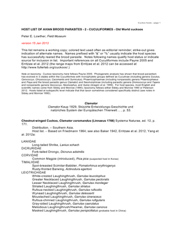 HOST LIST of AVIAN BROOD PARASITES - 2 - CUCULIFORMES - Old World Cuckoos