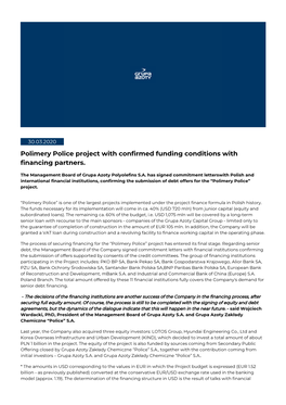 Polimery Police Project with Confirmed Funding Conditions with Financing Partners