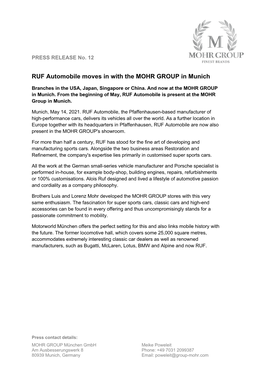 RUF Automobile Moves in with the MOHR GROUP in Munich
