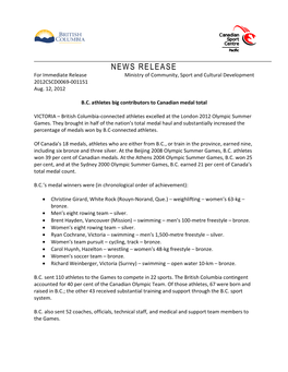 NEWS RELEASE for Immediate Release Ministry of Community, Sport and Cultural Development 2012CSCD0069-001151 Aug
