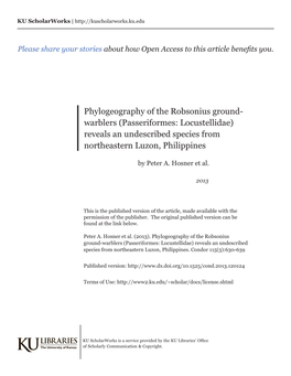 Phylogeography of the Robsonius Ground- Warblers (Passeriformes: Locustellidae) Reveals an Undescribed Species from Northeastern Luzon, Philippines