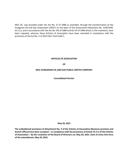 Articles of Association Have Been Amended in Compliance with the Provisions of the Act No