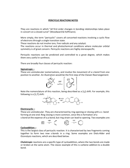 PERICYCLIC REACTIONS NOTES They Are Reactions in Which “All First