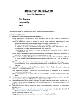 DEMOLITION SPECIFICATION Complying Development