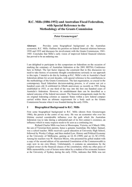 R.C. Mills (1886-1952) and Australian Fiscal Federalism, with Special Reference to the Methodology of the Grants Commission