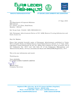 To, 2Nd Sept, 2020 the Department of Corporate Relations BSE Limited P.J