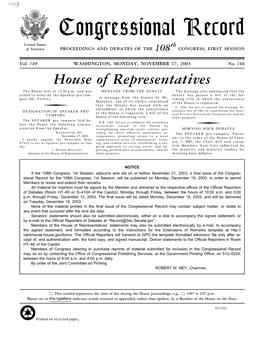 Congressional Record United States Th of America PROCEEDINGS and DEBATES of the 108 CONGRESS, FIRST SESSION