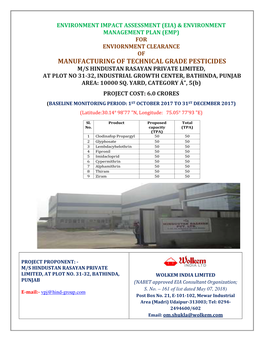Manufacturing of Technical Grade Pesticides M/S Hindustan Rasayan Private Limited, at Plot No 31-32, Industrial Growth Center, Bathinda, Punjab Area: 10000 Sq
