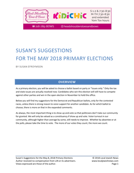 Susan's Suggestions for the May 2018 Primary Elections