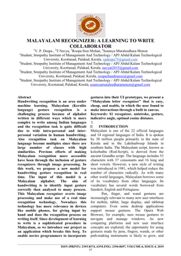 Malayalam Recognizer: a Learning to Write Collaborator 1V