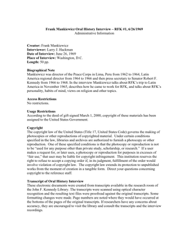 Oral History Interview – RFK #1, 6/26/1969 Administrative Information