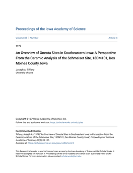 An Overview of Oneota Sites in Southeastern Iowa: a Perspective from the Ceramic Analysis of the Schmeiser Site, 13DM101, Des Moines County, Iowa