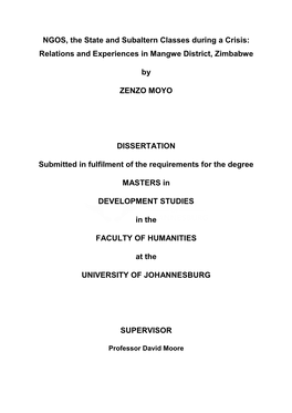 NGOS, the State and Subaltern Classes During a Crisis: Relations and Experiences in Mangwe District, Zimbabwe