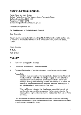 Duffield Parish Council Agenda