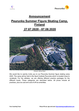 Announcement Peurunka Summer Figure Skating Camp, Finland 27.07.2020 - 07.08.2020
