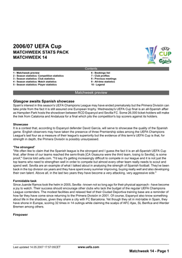 2006/07 UEFA Cup MATCHWEEK STATS PACK MATCHWEEK 14