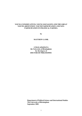 Young Conservatives, Young Socialists and the Great Youth Abstention: Youth Participation and Non- Participation in Political Parties