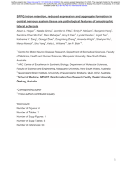 SFPQ Intron Retention, Reduced Expression and Aggregate Formation in Central Nervous System Tissue Are Pathological Features of Amyotrophic Lateral Sclerosis Alison L