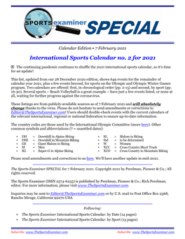 International Sports Calendar No. 2 for 2021
