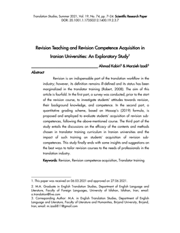 Revision Teaching and Revision Competence Acquisition in Iranian Universities: an Exploratory Study1